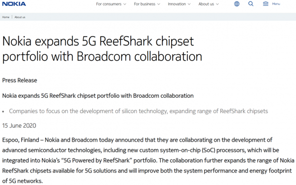 諾基亞宣布與博通合作開發5G芯片 包括定制處理器